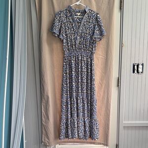 Max Studio Blue and White Floral Tiered Maxi Dress